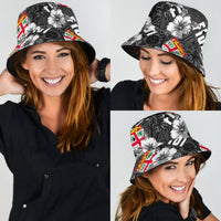 Black bucket hat, front panel hibiscus and tropical floral print, wide brim