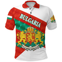 White sporty polo shirt with red collar, Bulgaria text and coat-of-arms graphic