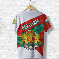 White sporty t-shirt with Bulgaria flag crest graphic, back view