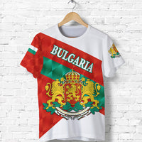 White sporty t-shirt with Bulgaria flag crest graphic, front view