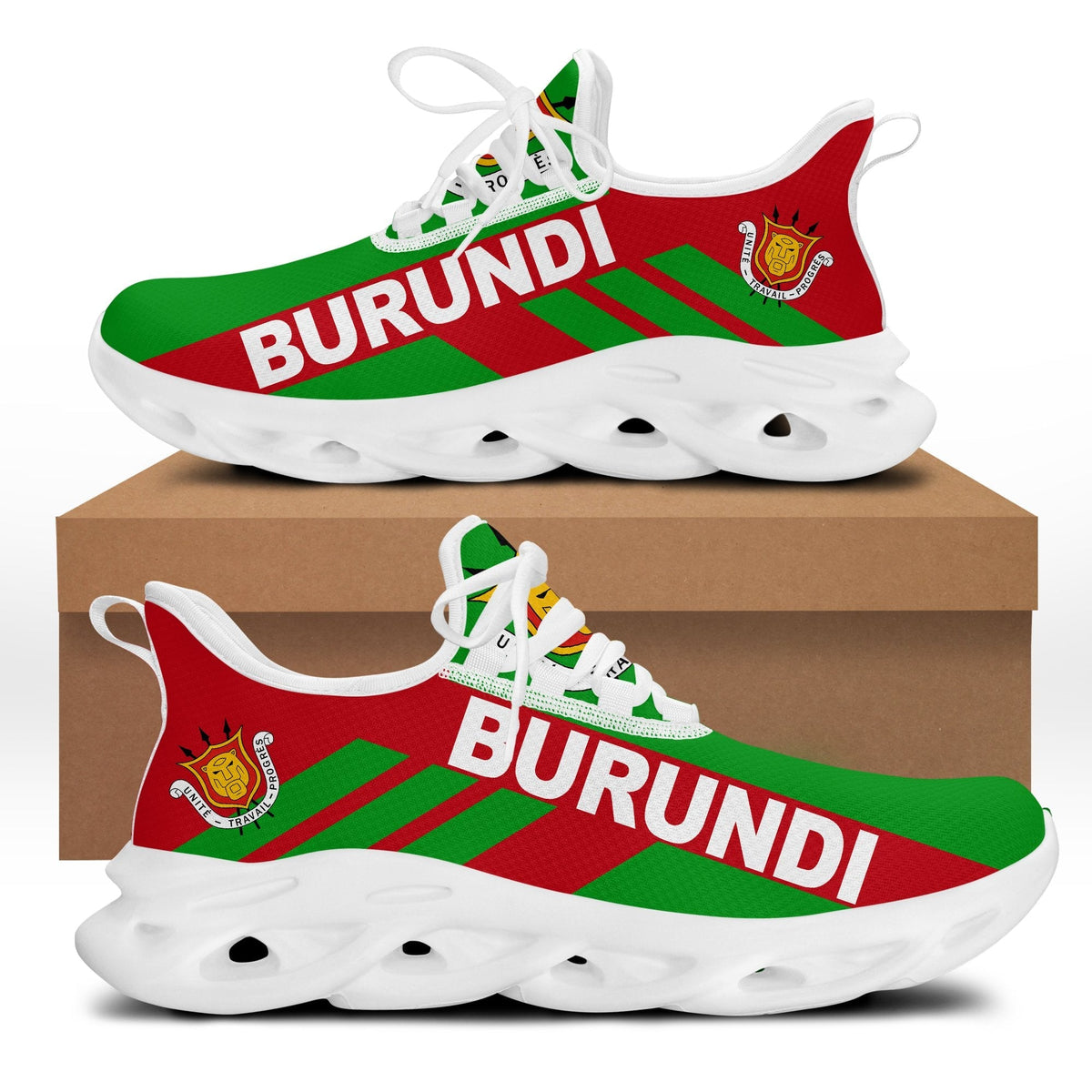 Chunky platform sneakers with Burundi flag stripes, white laces, white sole