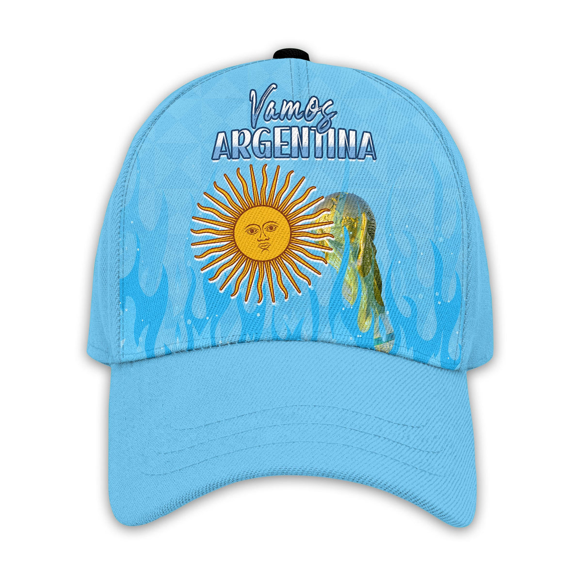 Sky blue football cap with black top button and Argentina front graphic