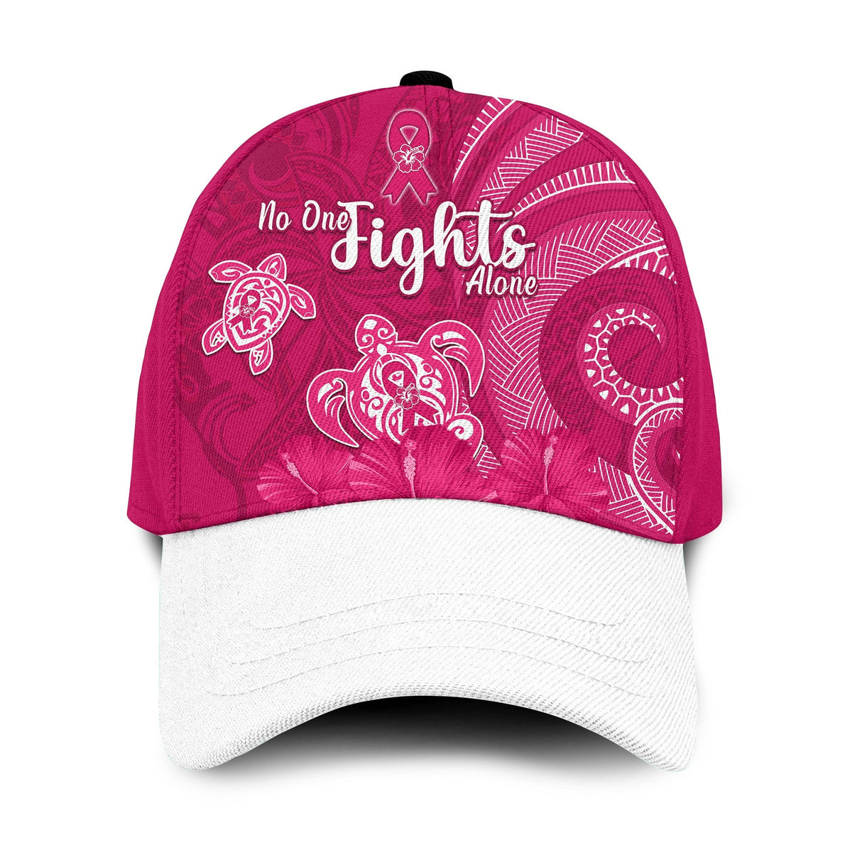 Pink classic cap: breast cancer ribbon and “No One fights Alone” front print