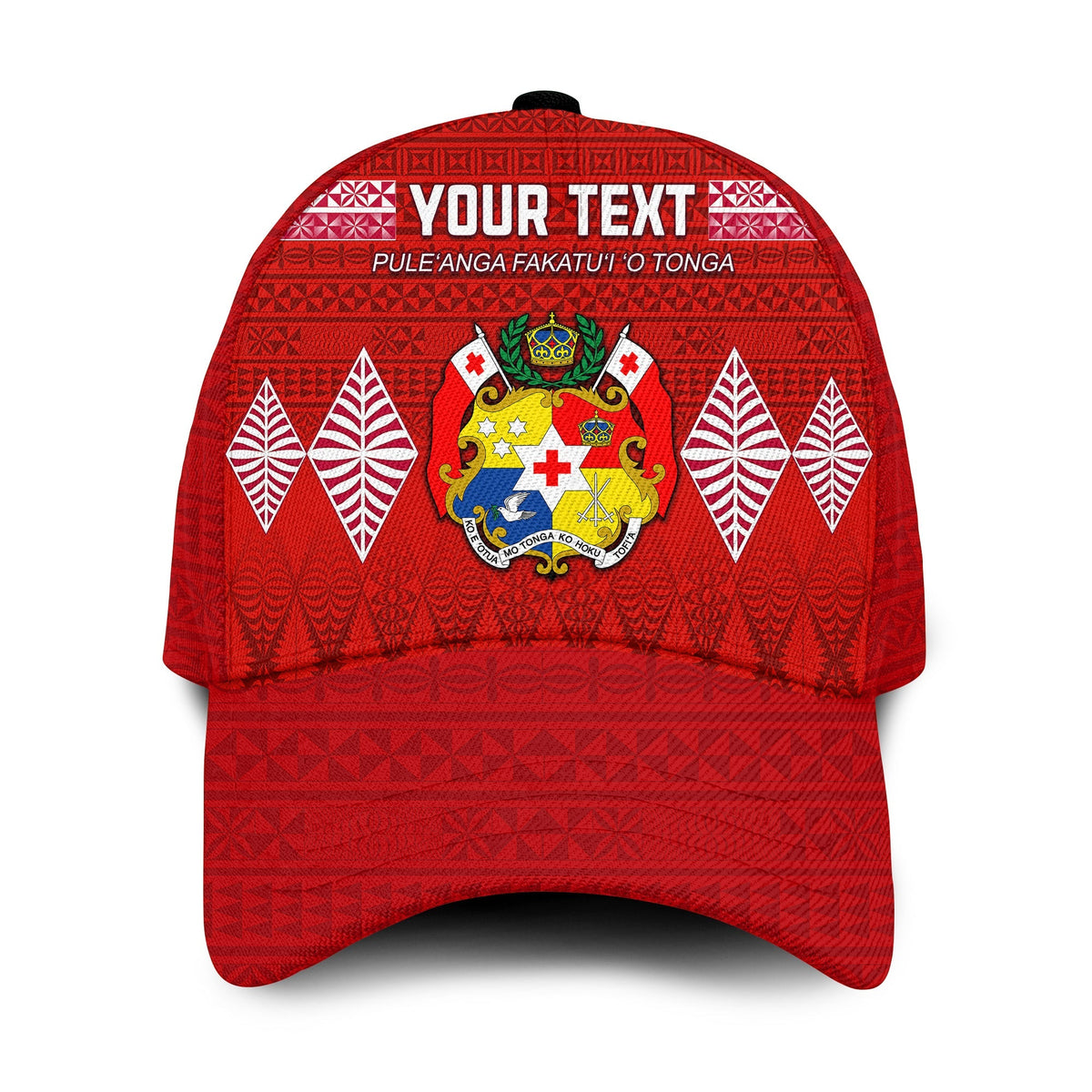 Red classic cap with Tongan crest emblem, patterned trim, and “YOUR TEXT” on front