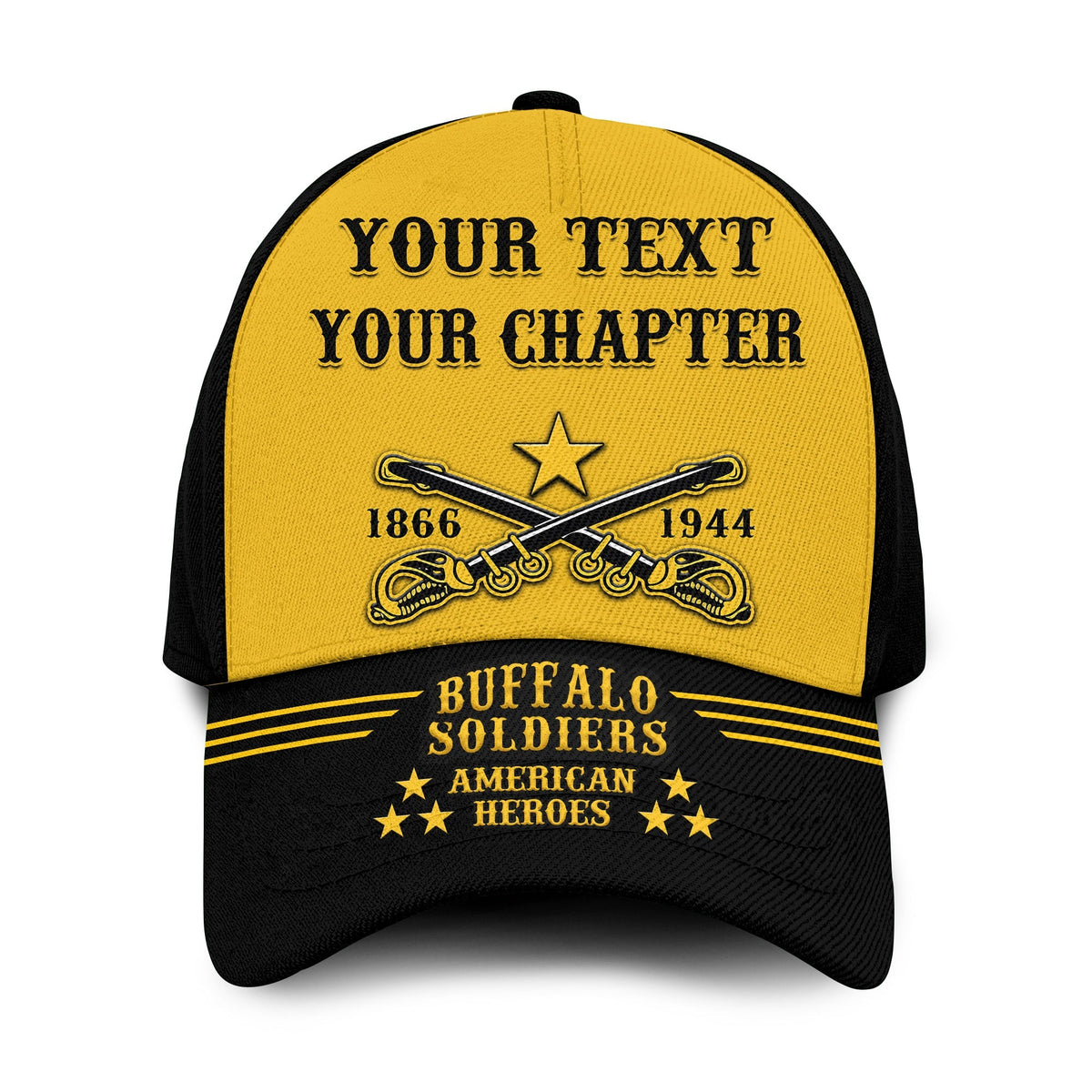 Gold Classic Cap with embroidered “YOUR TEXT” and “YOUR CHAPTER” banner and Buffalo Soldiers logo