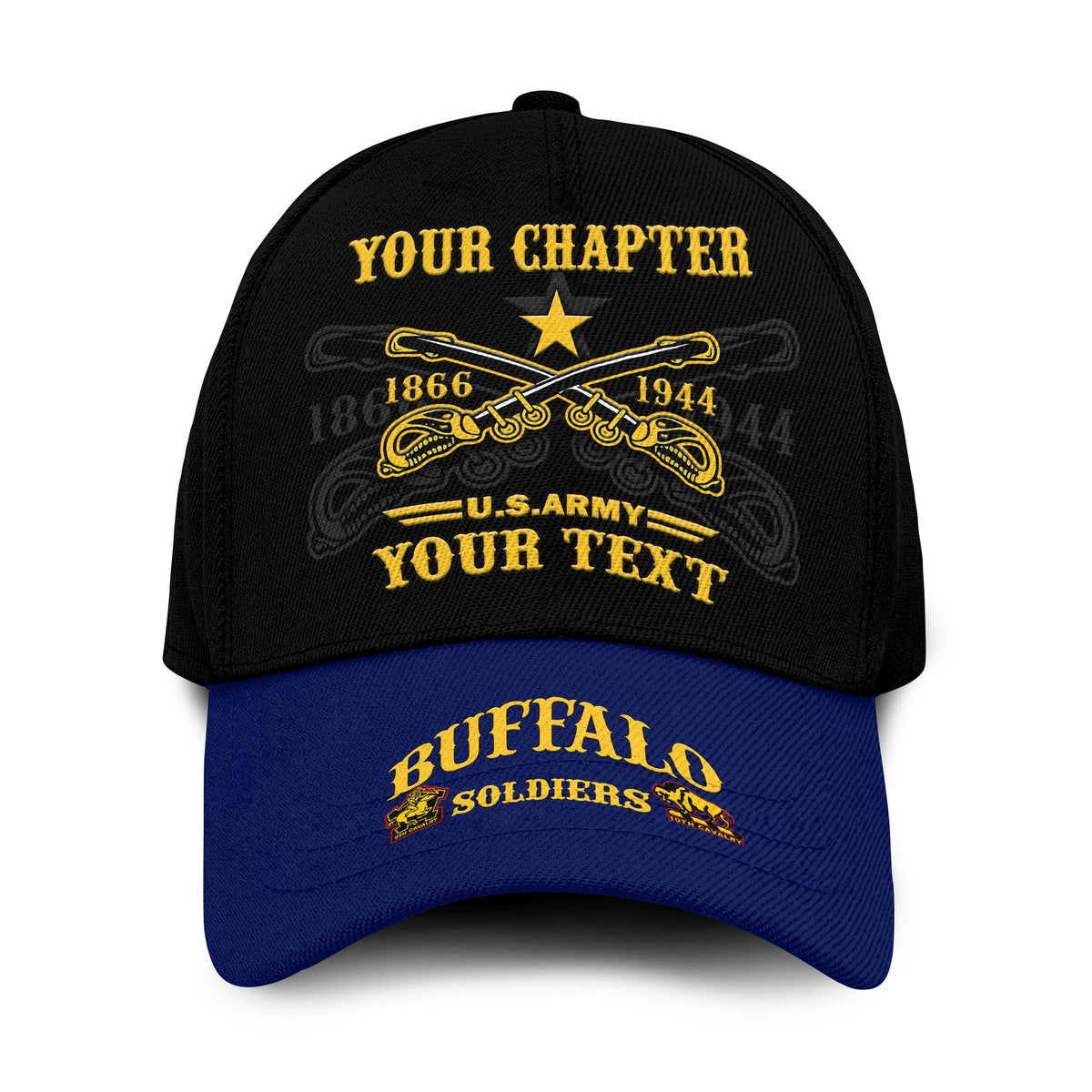 Black and blue classic baseball cap with gold star rifle emblem and custom text