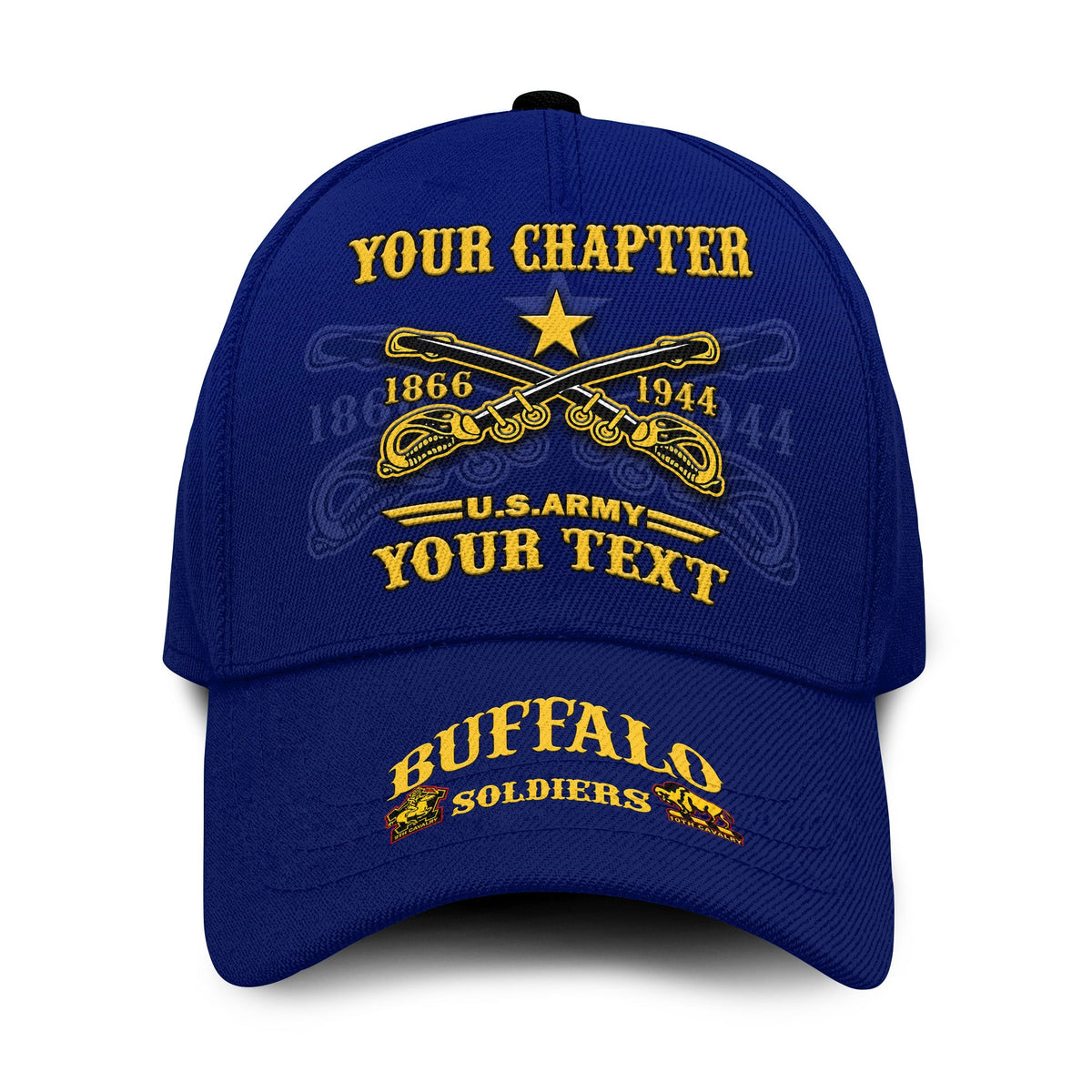 Blue classic cap with embroidered Buffalo Soldiers star and crossed rifles, custom text