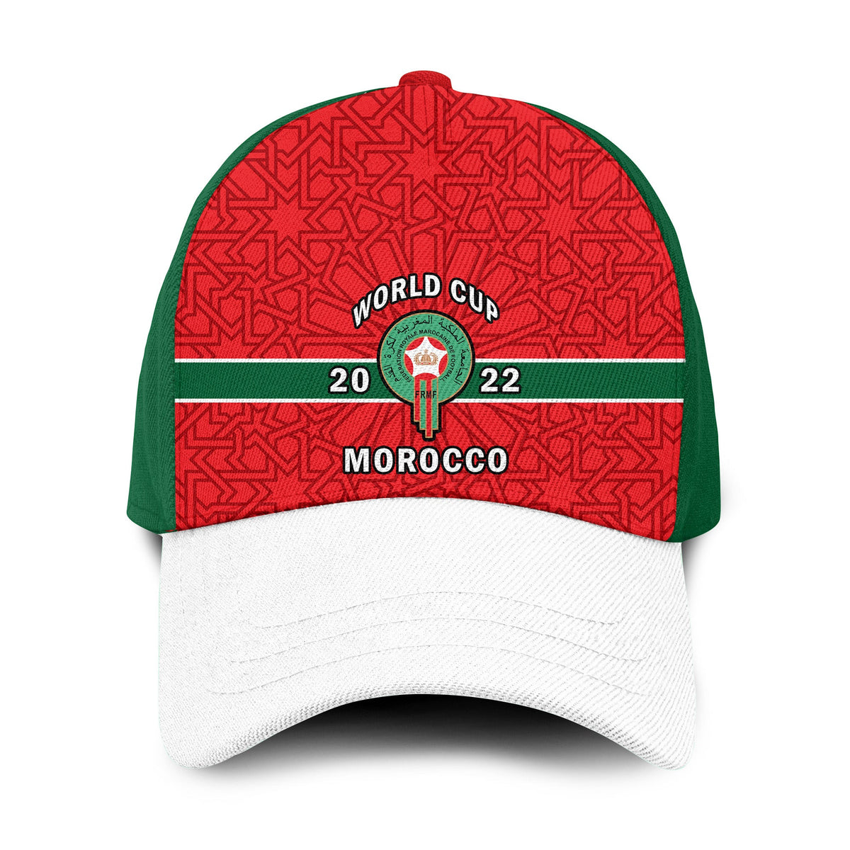 Red and green Morocco World Cup 2022 baseball cap with white brim and crest