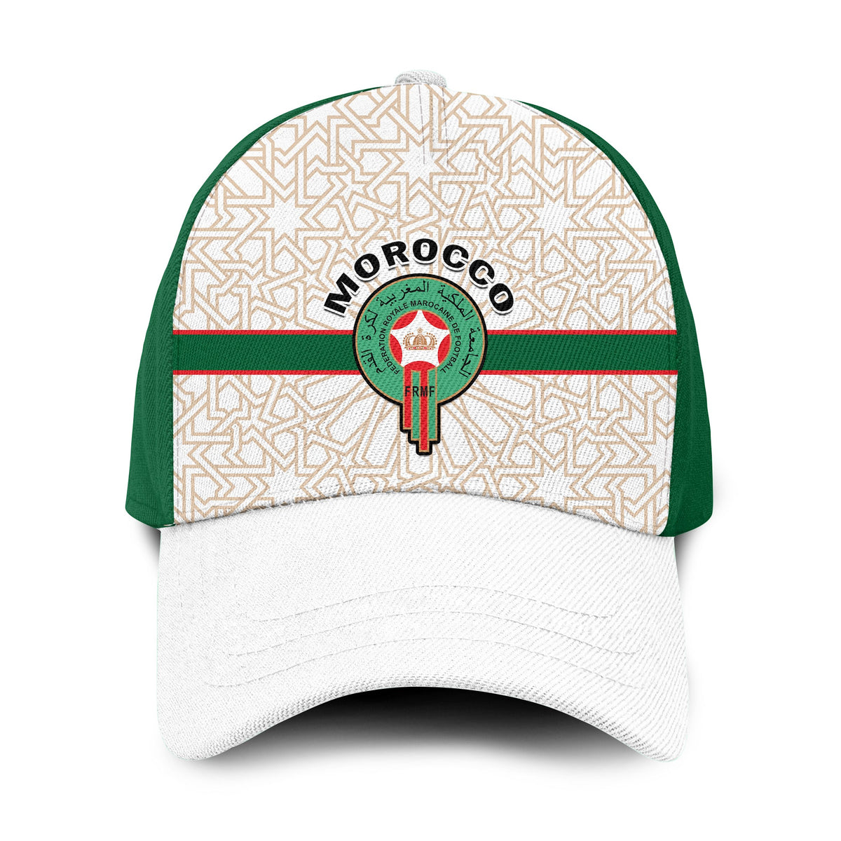 Classic football cap: green side panels, cream geometric crown, Morocco crest patch