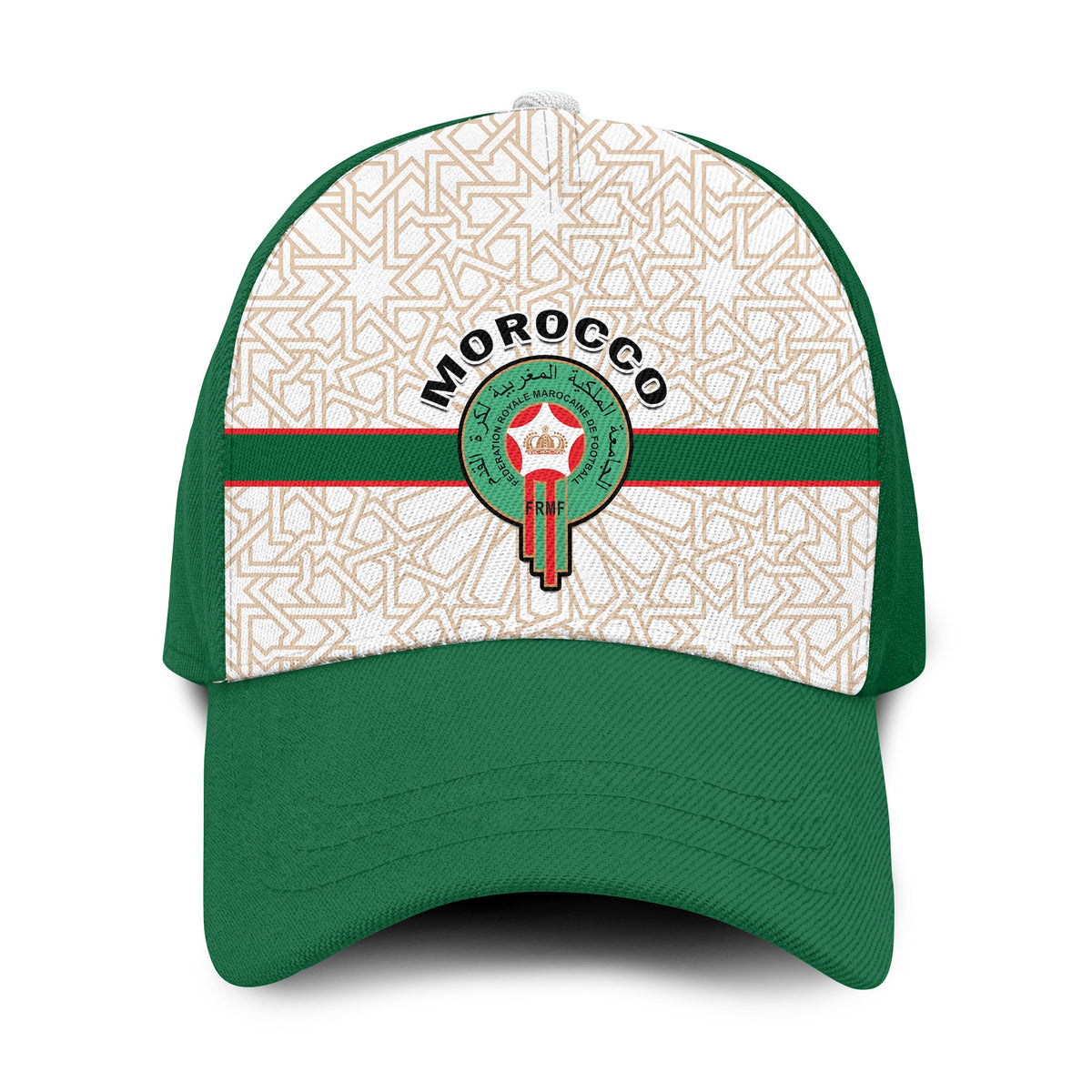 Green classic baseball cap with Morocco emblem and patterned crown panel