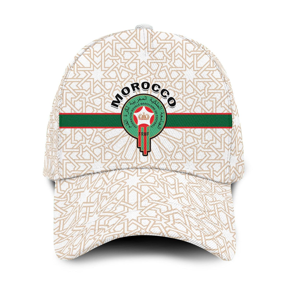 Football classic cap in off-white with geometric pattern, Morocco emblem and green stripe.