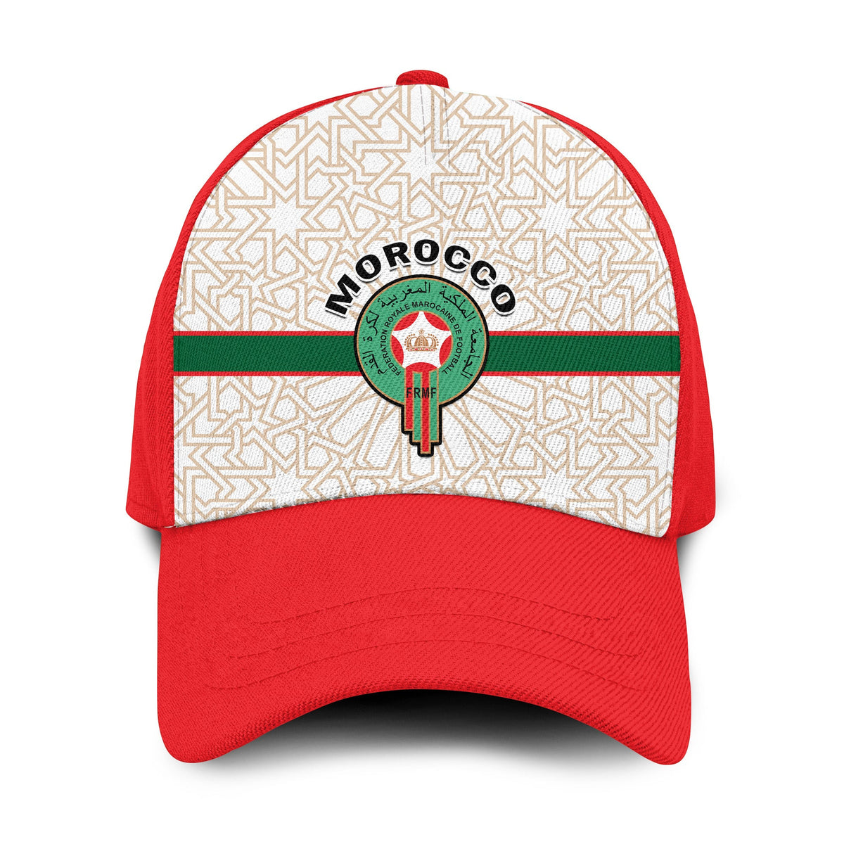 Red and cream Morocco football cap with geometric pattern and central crest