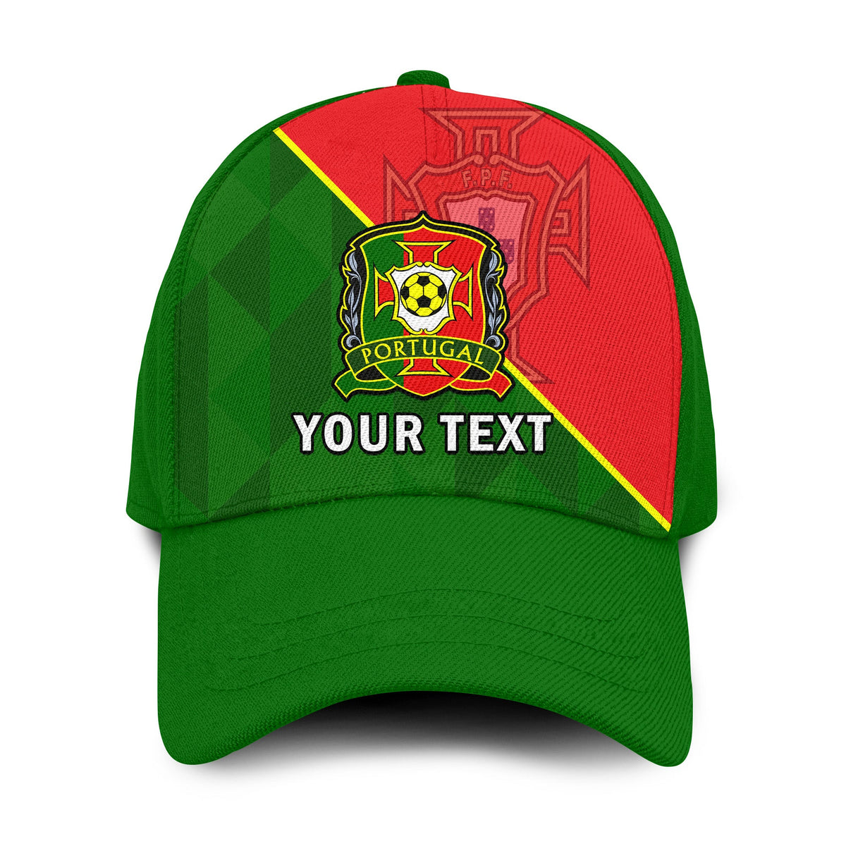 Green football cap with red front, Portugal crest, customizable text