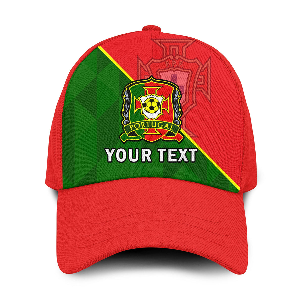 Red and green classic baseball cap with Portugal crest and customizable front text