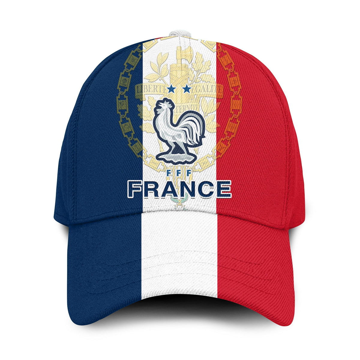 Classic France cap with blue panel, tricolor emblem and rooster logo, curved brim