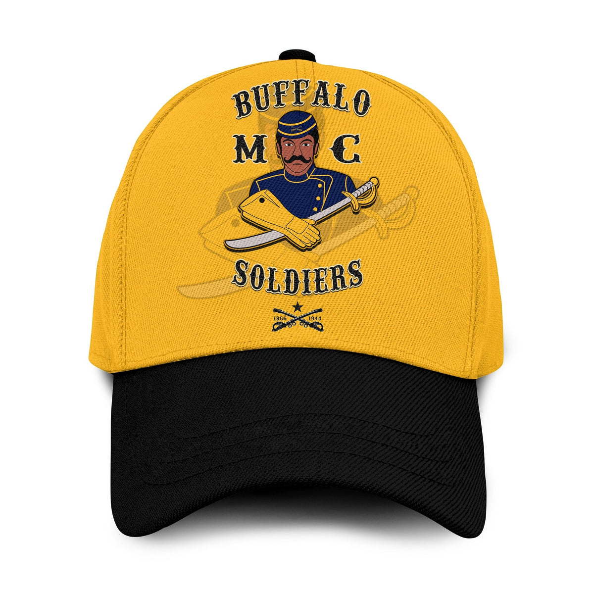 Gold classic cap with Buffalo Soldiers motorcycle logo on front, black brim