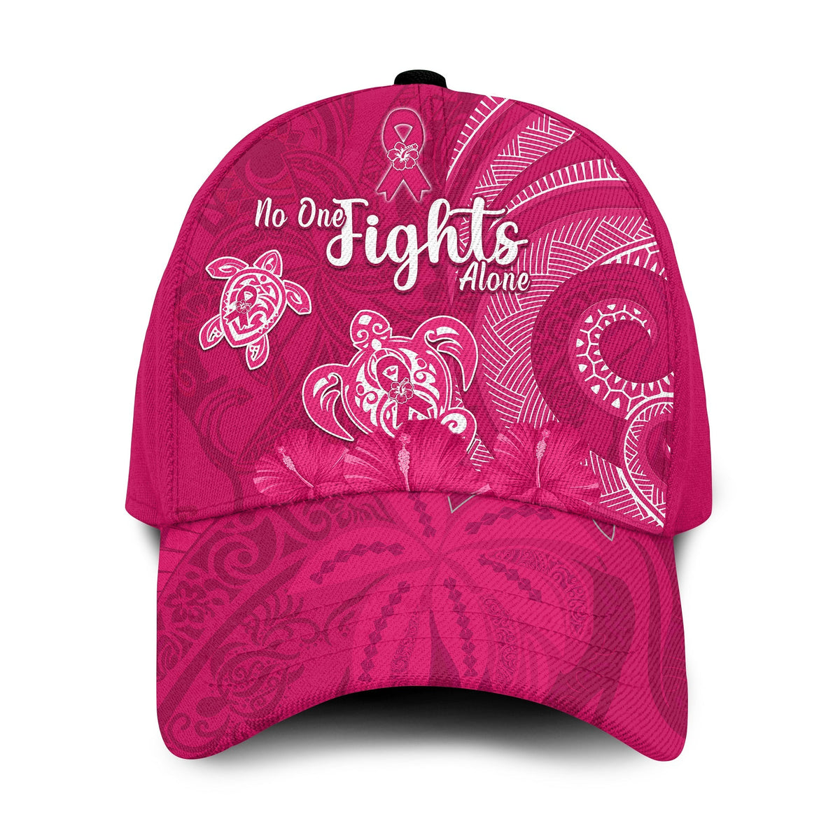 Pink classic baseball cap with pink ribbon and 'No One fights Alone' front print