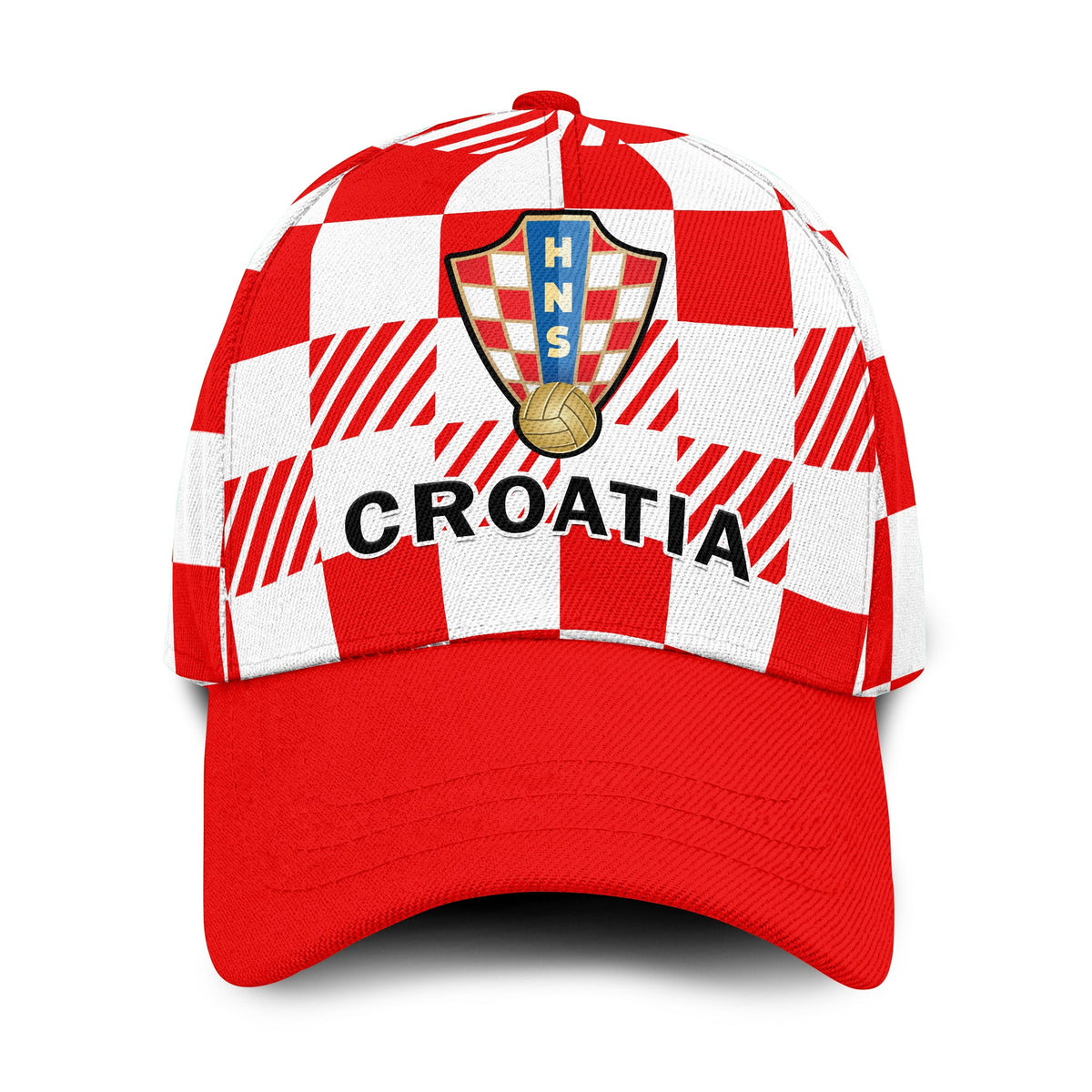 Red and white checkerboard baseball cap with Croatia crest and badge front