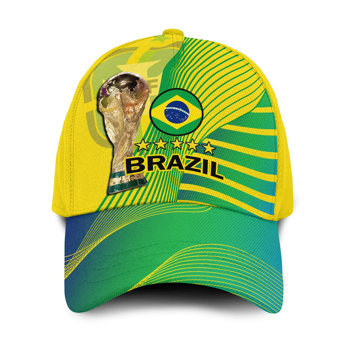 Green and yellow Brazil football cap with stars, flag graphic, and Brazil lettering
