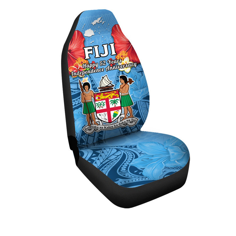 Blue car seat cover featuring FIJI Independence Anniversary text, red and white accents, black trim