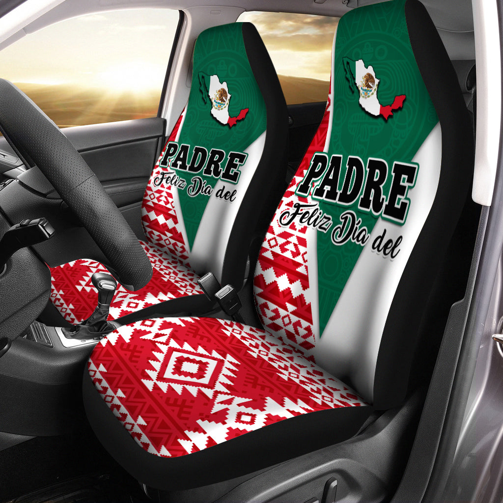 Set of red Mexican Aztec car seat covers with 'Padre Feliz Dia del' on front seats