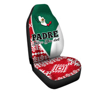 Red Mexican Aztec car seat cover with 'Padre Feliz Dia del' text and Aztec patterns