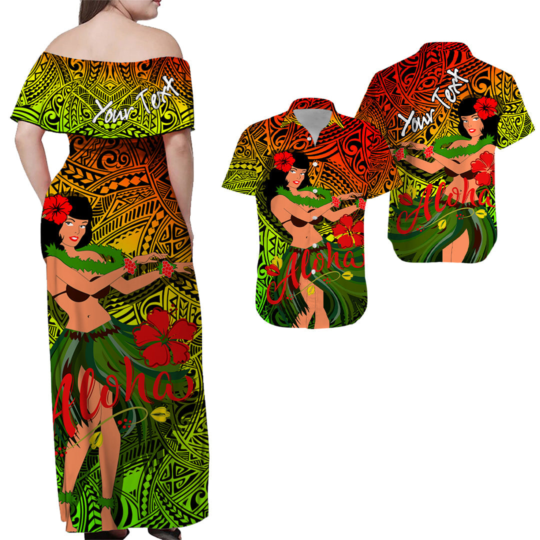 Off-shoulder long hula girl dress with reggae pattern and 'Aloha' script on back