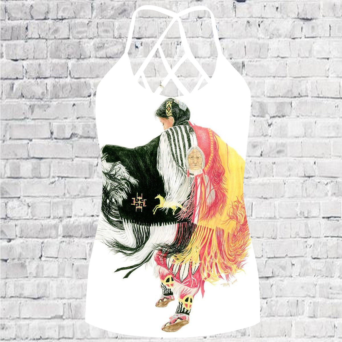 Pow wow dancer tank top with colorful dancer graphic and fringe, front view