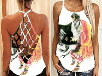 Criss-cross back tank top with colorful dancer graphic, rear view