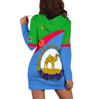 Eritrea flag hoodie dress back view, green hood with blue-red stripes and camel emblem