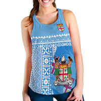 Blue women’s racerback tank with Fiji-inspired tapa pattern and crest graphic on chest