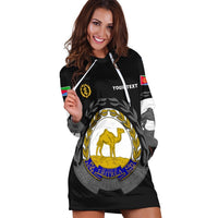 Black hoodie dress front with Eritrea coat-of-arms camel crest, hood and white drawstrings