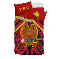 Red bedding set with PNG and Papua New Guinea text, golden eagle design, and geometric motifs