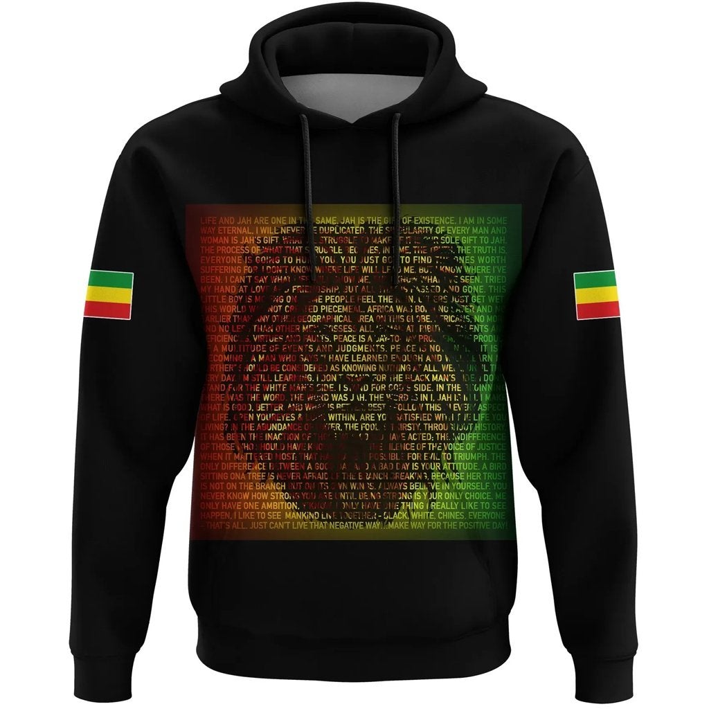 Black hoodie: Ethiopian quote text front with Rastafarian flag sleeve prints