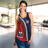 Blue and red racerback tank with diagonal white zigzag stripe and crest graphic