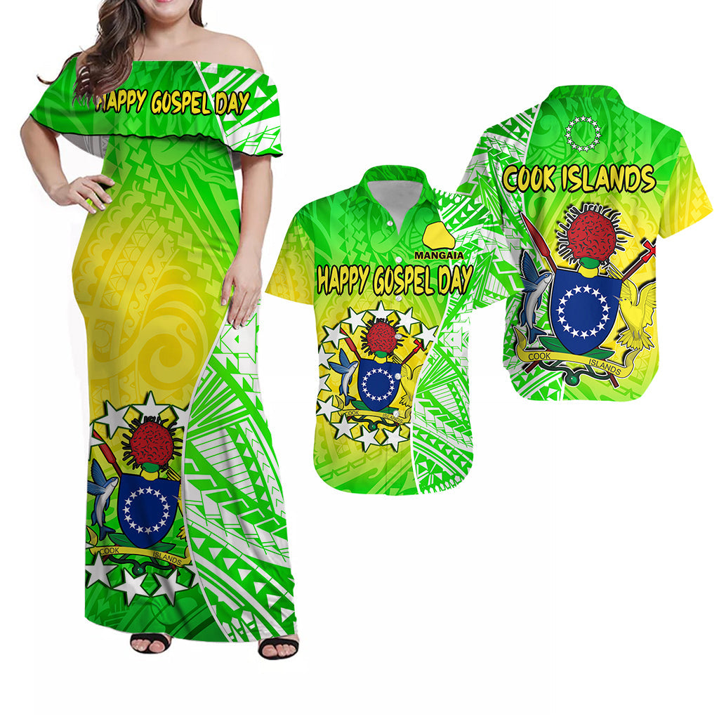Happy Gospel Day off-shoulder maxi dress, green with Cook Islands crest panel