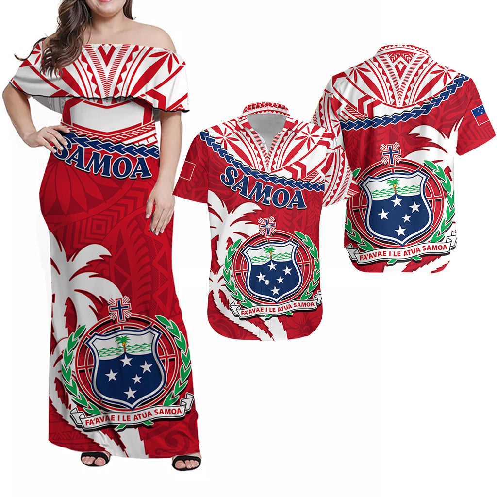 Samoa red off-shoulder Hawaiian dress with crest and SAMOA text