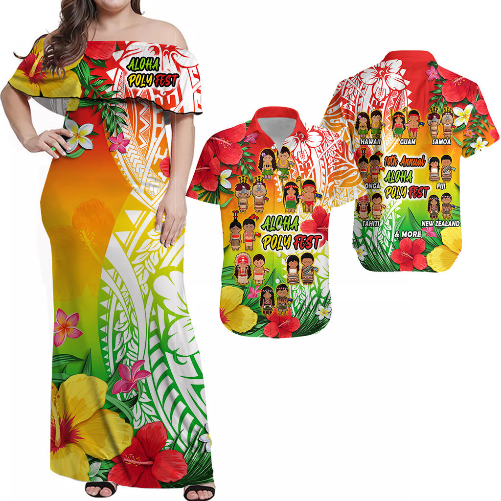 Red off-shoulder maxi dress with tropical flowers and Polynesian pattern, Aloha Poly Fest