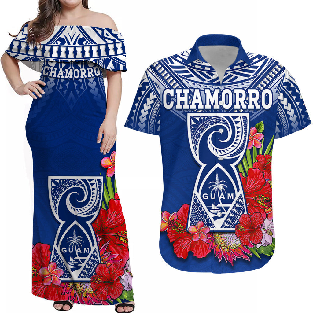 Blue Chamorro matching off-shoulder maxi dress and short-sleeve button shirt, floral print
