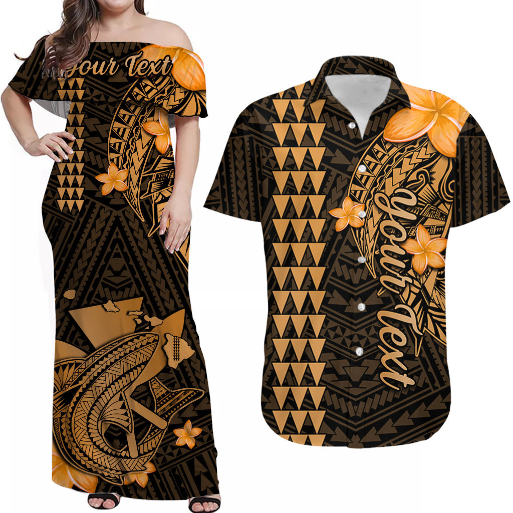 Gold-and-black off-shoulder Hawaiian maxi dress with floral shark and patterned print