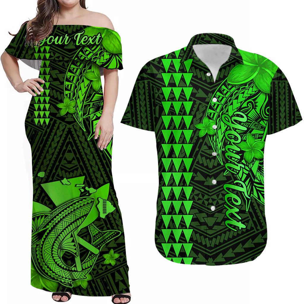 Green off-shoulder maxi dress with “Your Text” and Polynesian tribal + flower print