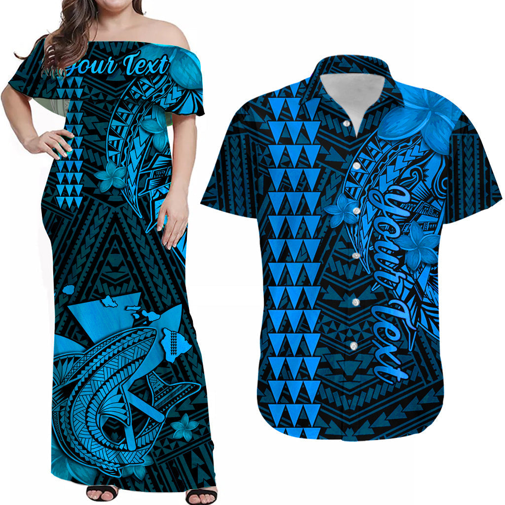 Off-shoulder blue maxi dress with teal island print and 'Your Text' across chest
