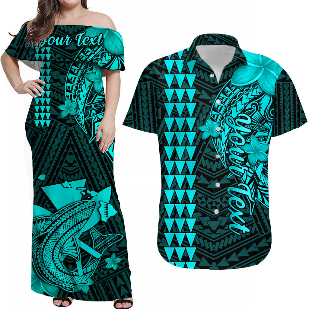 Off-shoulder maxi dress, dark teal with turquoise tribal shark and leaf pattern