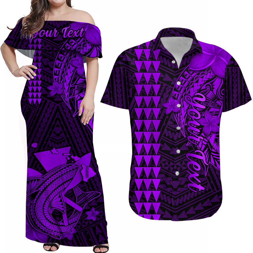 Purple off-shoulder maxi dress with black tribal pattern, plumeria and fish motifs