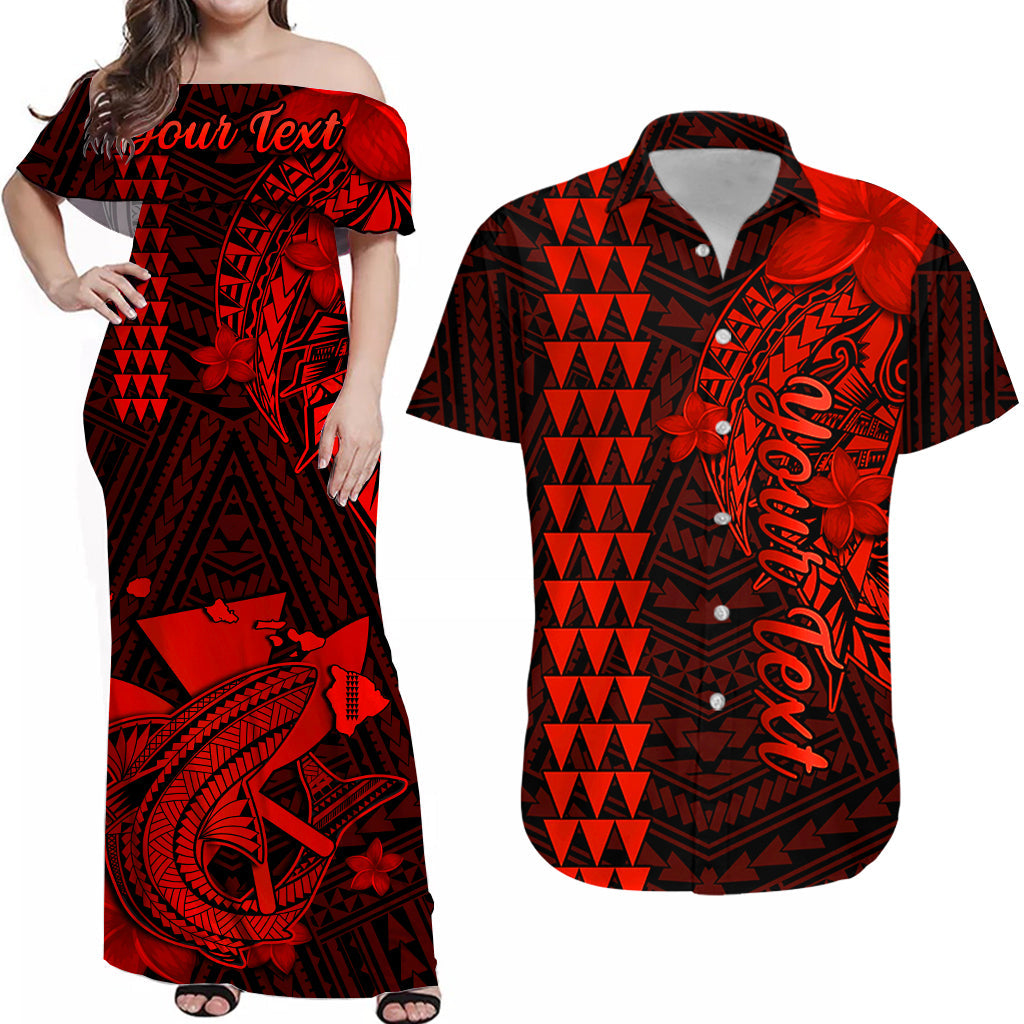 Red and black off-shoulder Hawaiian maxi dress, tribal print with flower motif