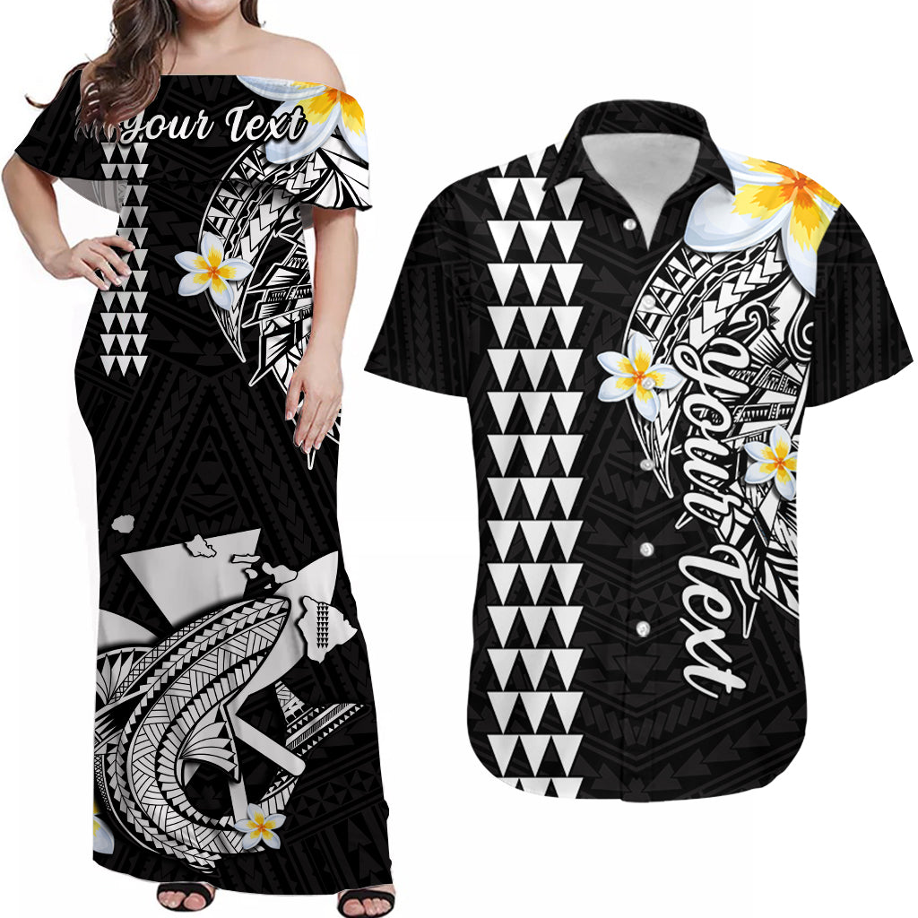 Black off-shoulder maxi dress with Polynesian shark, geometric pattern, and plumeria flowers