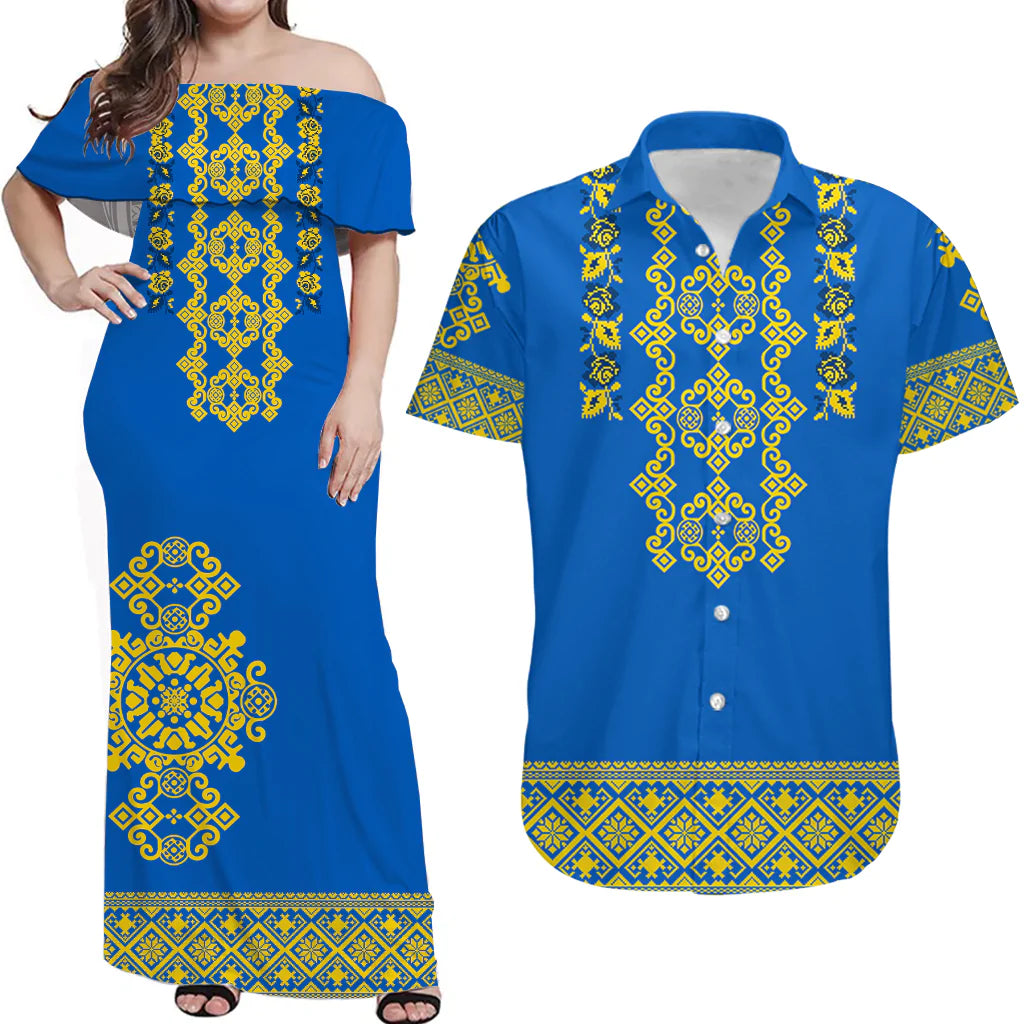 Blue off-shoulder maxi dress and matching blue button-up Hawaiian shirt, yellow folk pattern