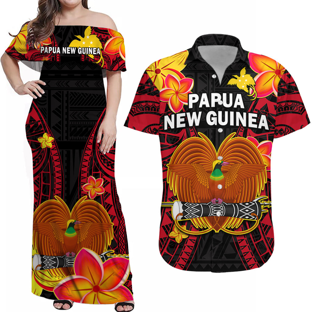 Black off-shoulder maxi dress with red yellow bird-and-flower Papua New Guinea print