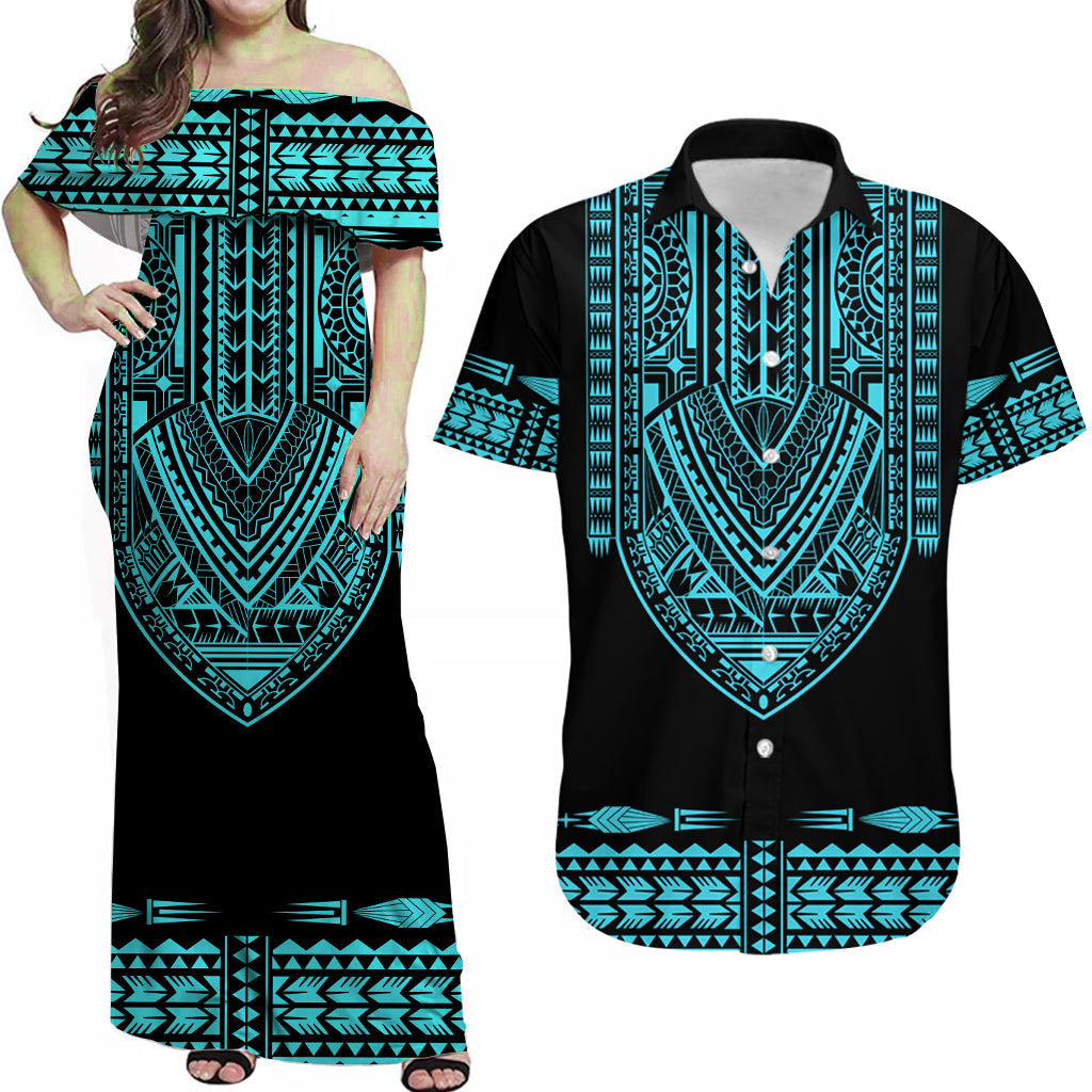 Turquoise tribal off-shoulder maxi dress with patterned yoke and hem border, matching set