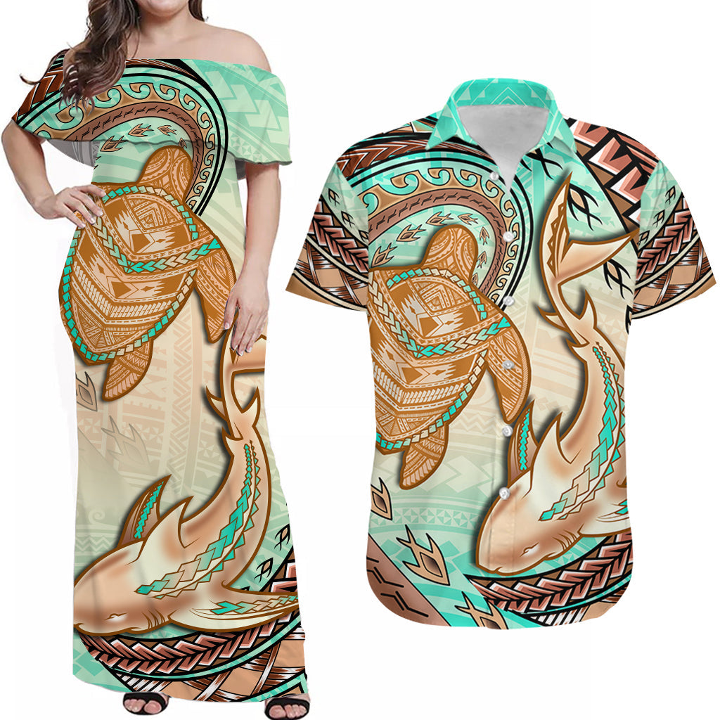 Off-shoulder maxi dress in turquoise with brown shark and sea turtle tropical print